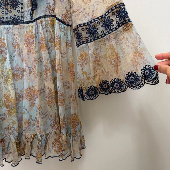 Free People Country Roads Mini Dress Lightweight Embroidered Ruffle Blue Size XS - Picture 7 of 11